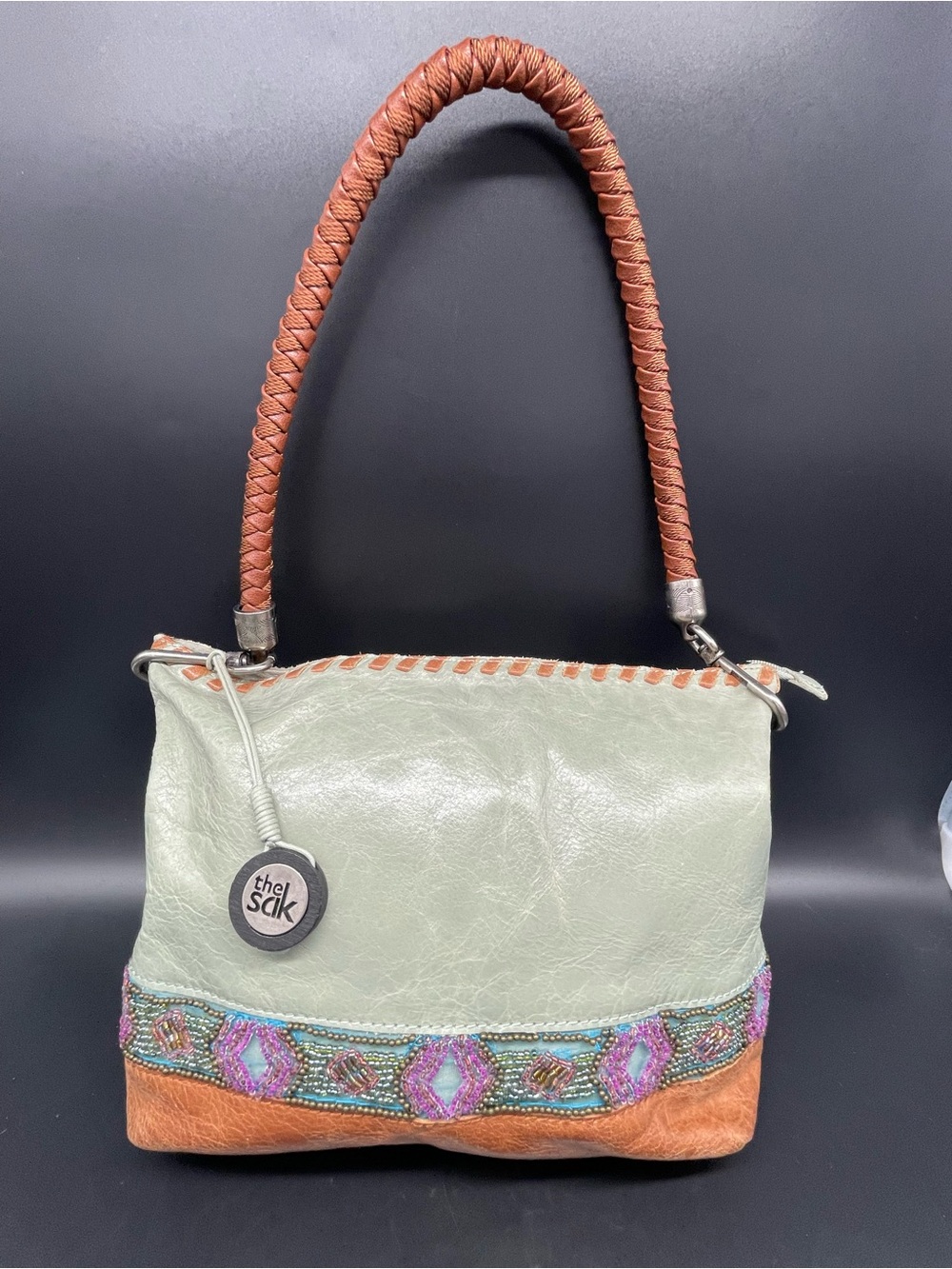 The Sak Mint Green and Brown Shoulder Bag with Beaded Accent